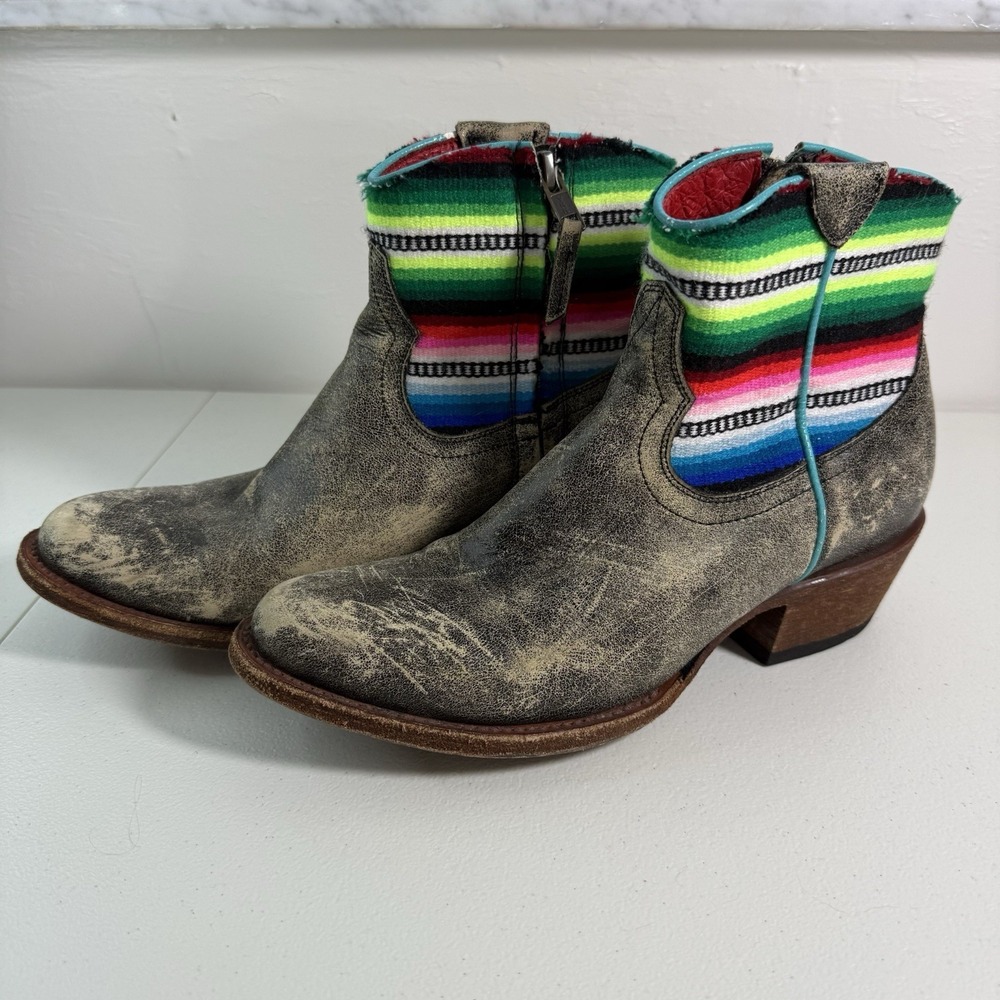 Macie Bean Serape Ankle Boots Distressed Leather Western Booties Multi-Color
